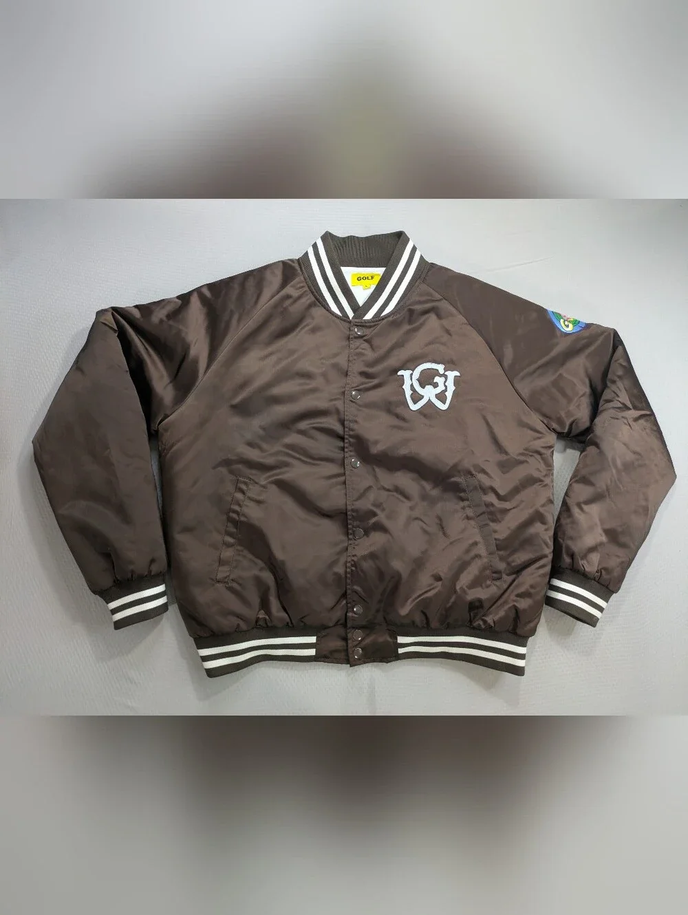 Golf Wang University Satin Bomber Varsity Jacket Size large Brown
